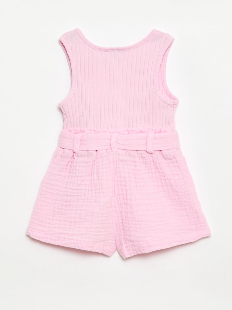 Combinaison short en double gaze de coton + ceinture à nouer Rose - Kiabi