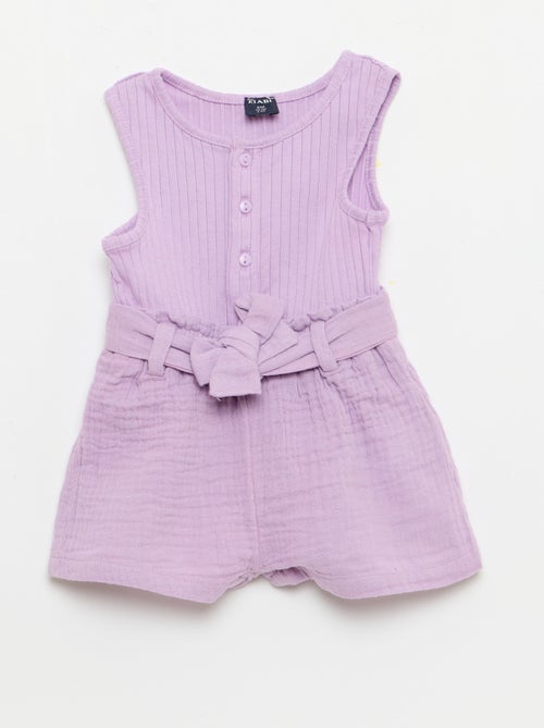 Combinaison short en double gaze de coton + ceinture à nouer - Kiabi