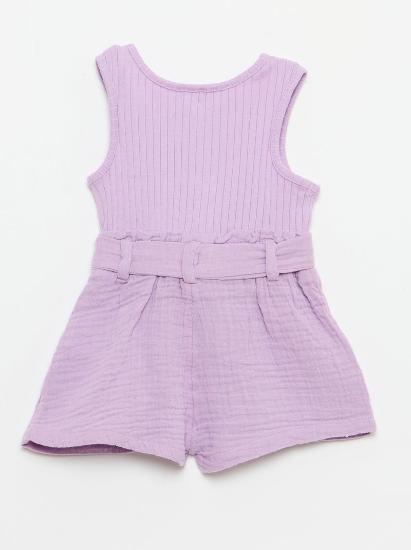 Combinaison short en double gaze de coton + ceinture à nouer Violet - Kiabi