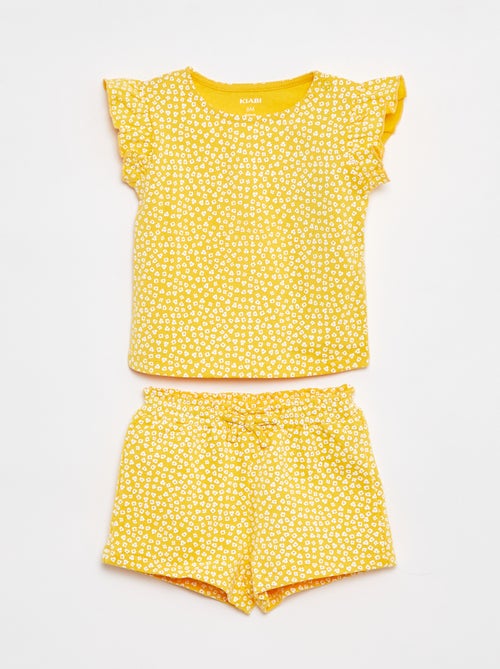 Completo t-shirt a maniche con volant + shorts fantasia - 2 pezzi - Kiabi