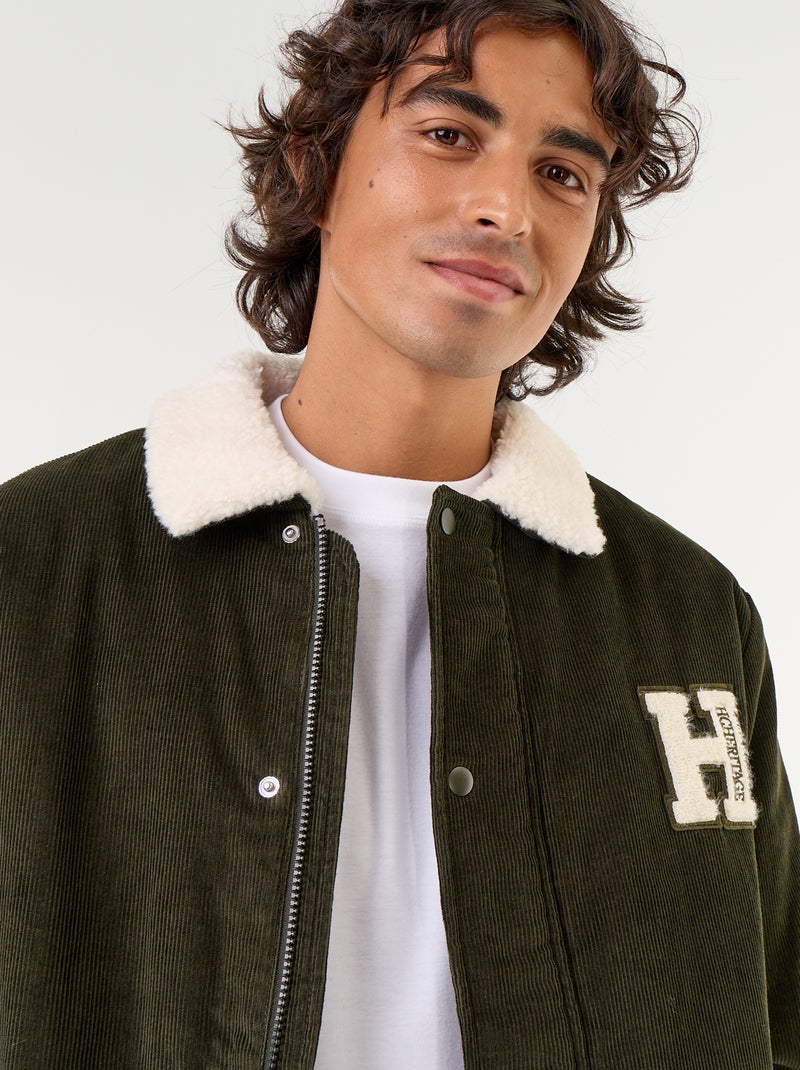 Corduroy jacket with sherpa-effect collar Green - Kiabi