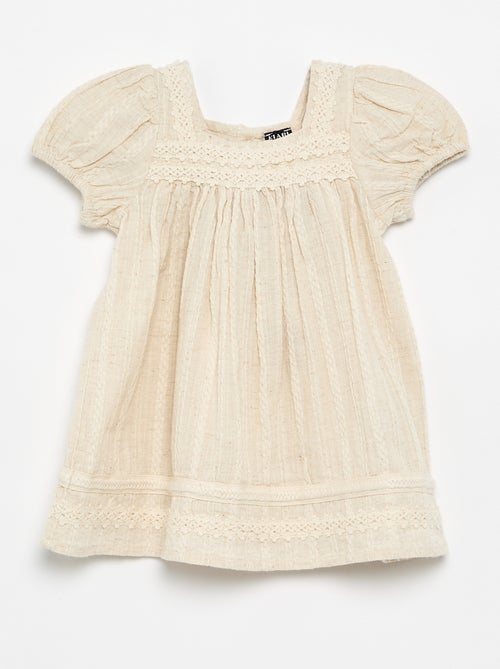 Cotton and linen dress with macramé details - Kiabi