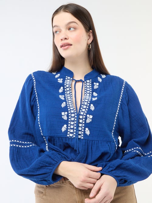 Cotton Gauze Blouse with Embroidered Details and Neck Ties - Kiabi
