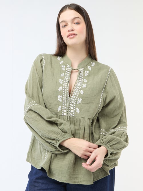 Cotton Gauze Blouse with Embroidered Details and Neck Ties - Kiabi