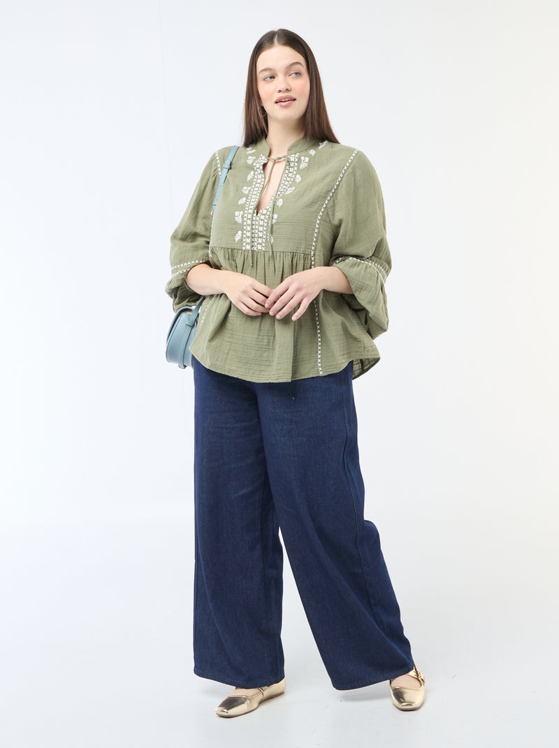 Cotton Gauze Blouse with Embroidered Details and Neck Ties Green - Kiabi