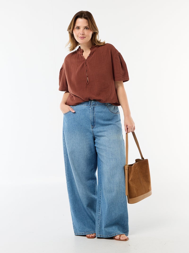 Cotton Gauze Blouse with Ruched Collar Brown - Kiabi