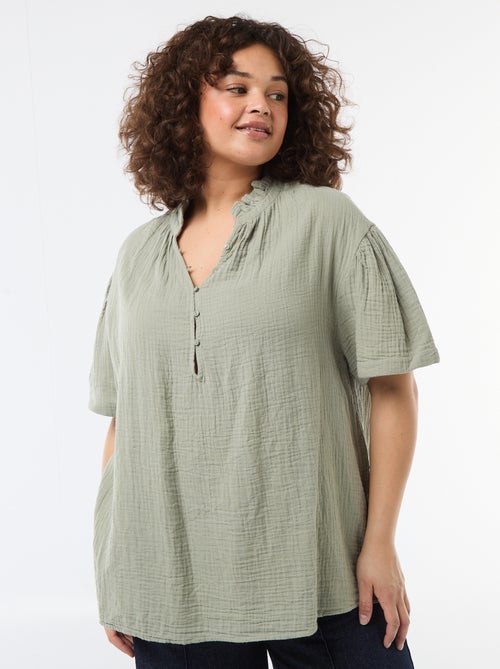 Cotton Gauze Blouse with Ruched Collar - Kiabi