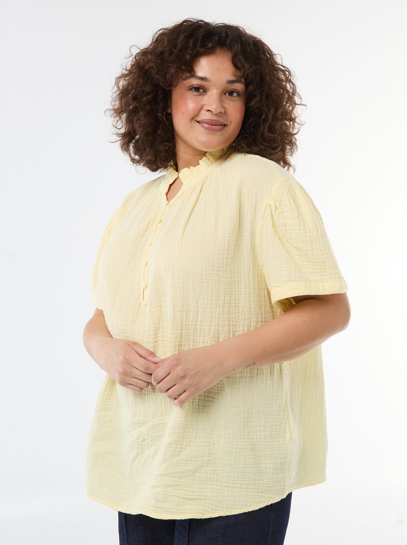 Cotton Gauze Blouse with Ruched Collar Yellow - Kiabi