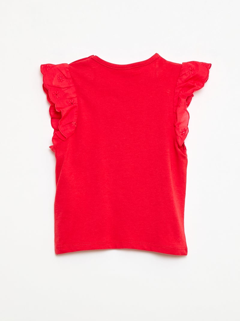 Cotton jersey t-shirt with broderie anglaise short sleeves Red - Kiabi