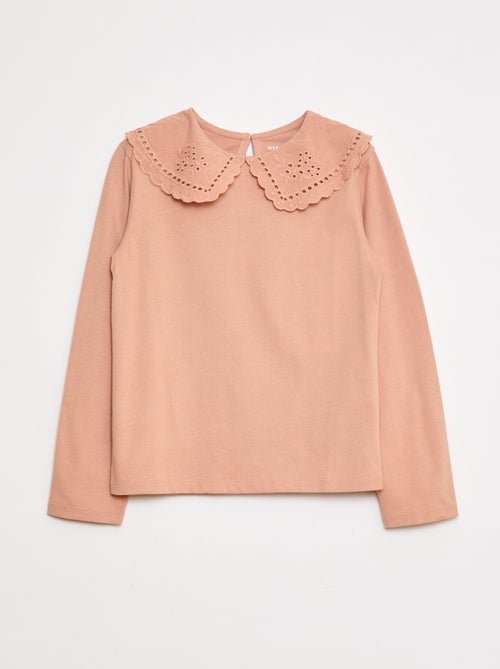 Cotton T-shirt with embroidered collar - Kiabi