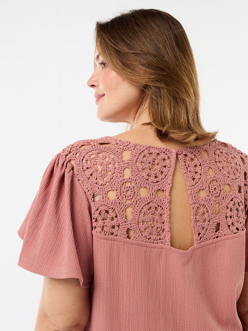 Crepe Knit Tee with Macrame Details Pink - Kiabi