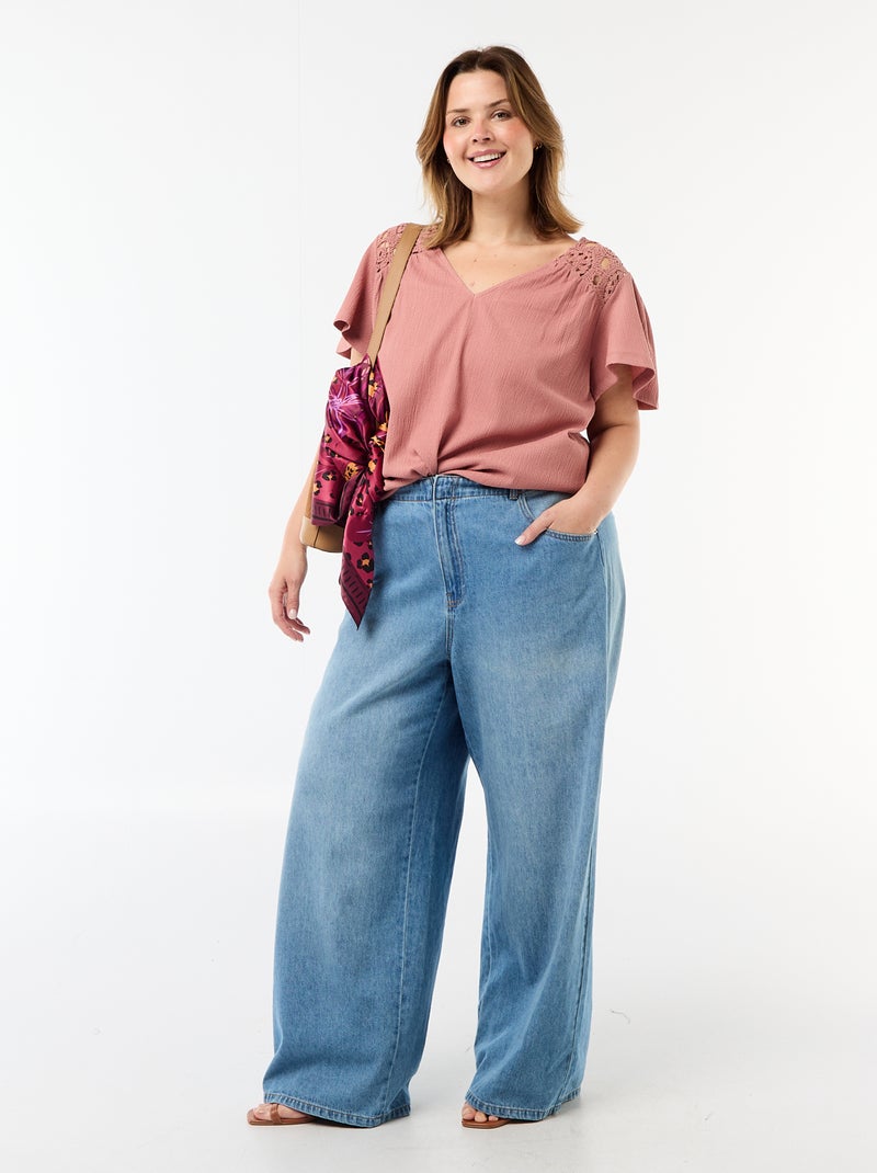 Crêpe-Strick-T-Shirt mit Makramee Rosa - Kiabi