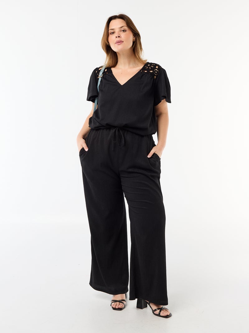 Crêpe-Strick-T-Shirt mit Makramee Schwarz - Kiabi