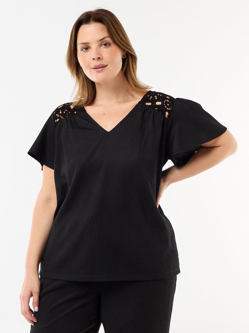 Crêpe-Strick-T-Shirt mit Makramee Schwarz - Kiabi