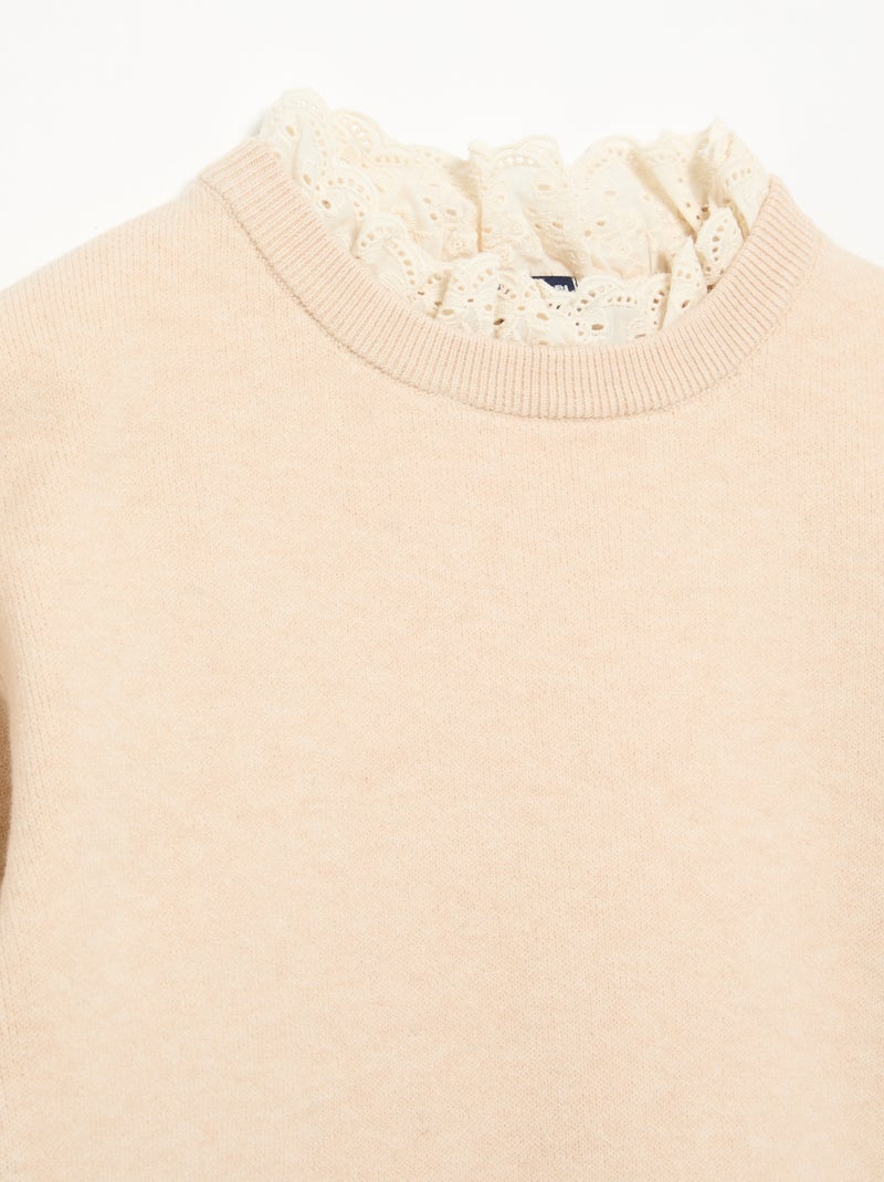 Crew Neck Sweater with 2-in-1 Broderie Anglaise Effect Beige - Kiabi