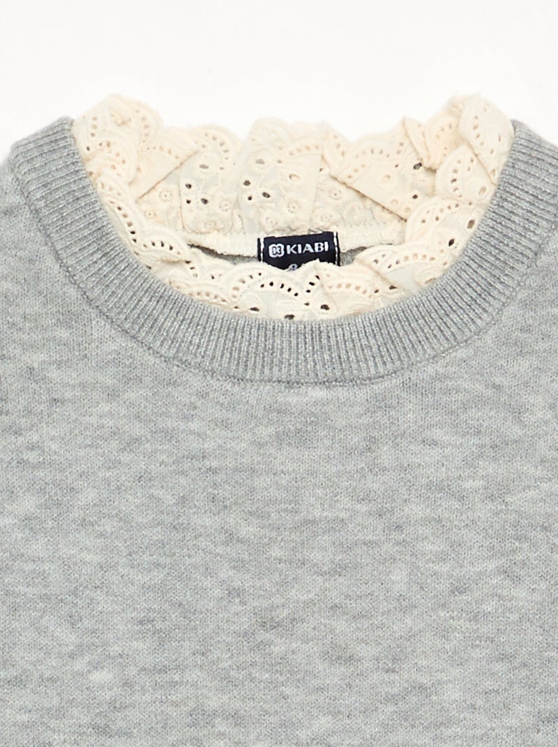 Crew Neck Sweater with 2-in-1 Broderie Anglaise Effect Grey - Kiabi