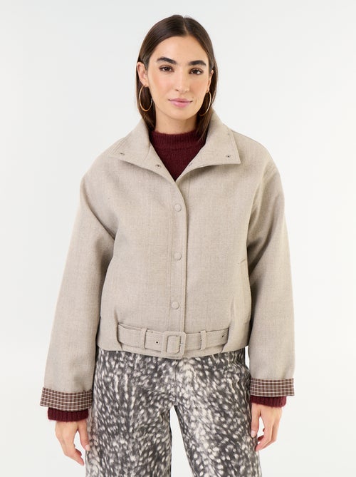 Cropped wool-effect jacket with integrated belt - Kiabi