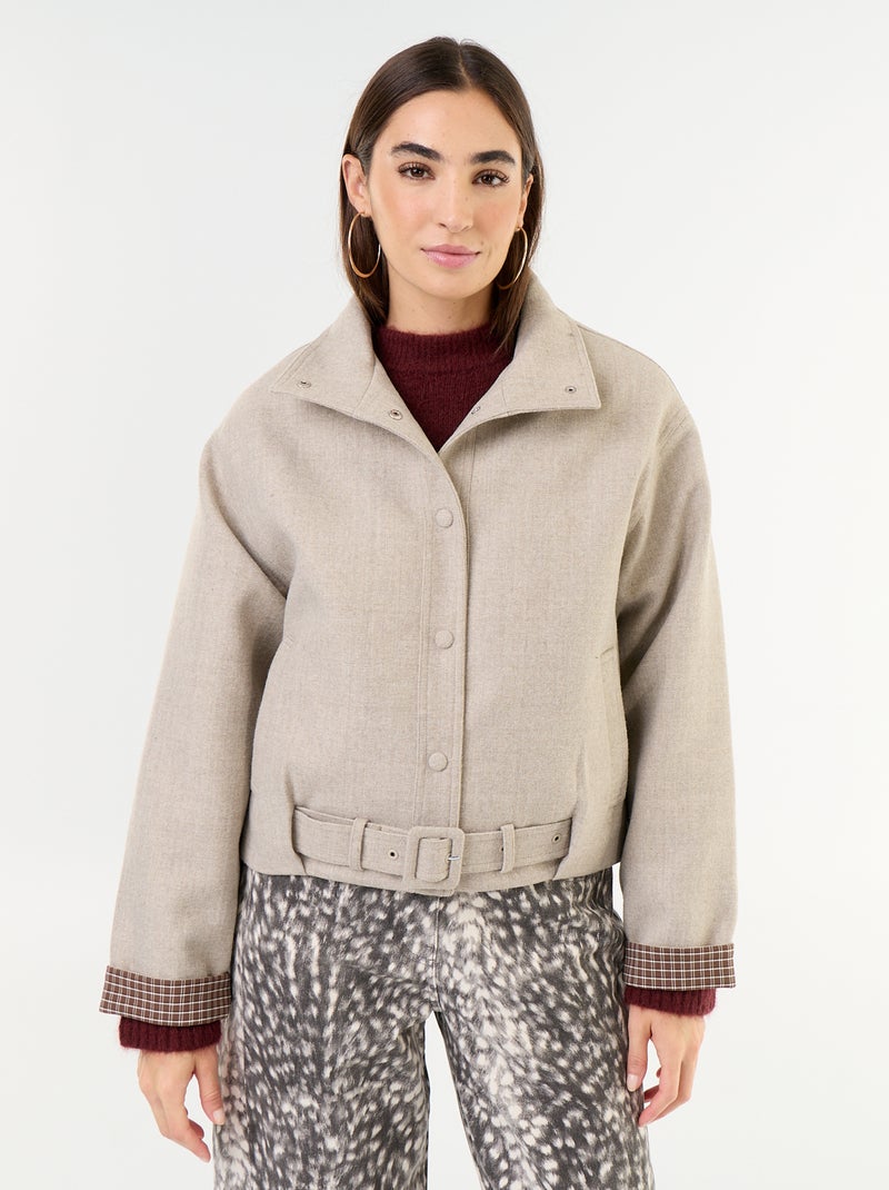 Cropped wool-effect jacket with integrated belt Beige - Kiabi