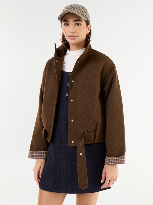 Cropped wool-effect jacket with integrated belt - Kiabi