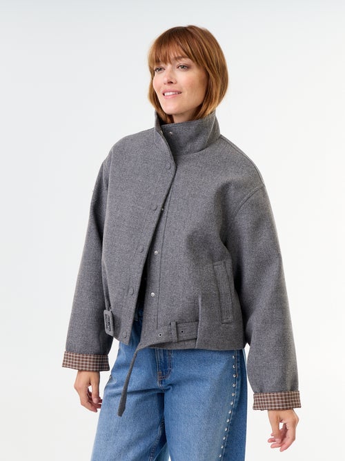 Cropped wool-effect jacket with integrated belt - Kiabi