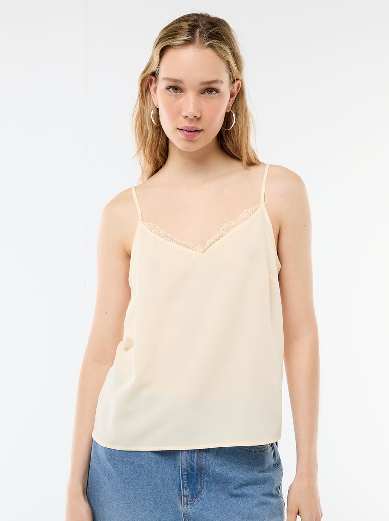 Débardeur avec fines bretelles réglables et col en dentelle Beige - Kiabi