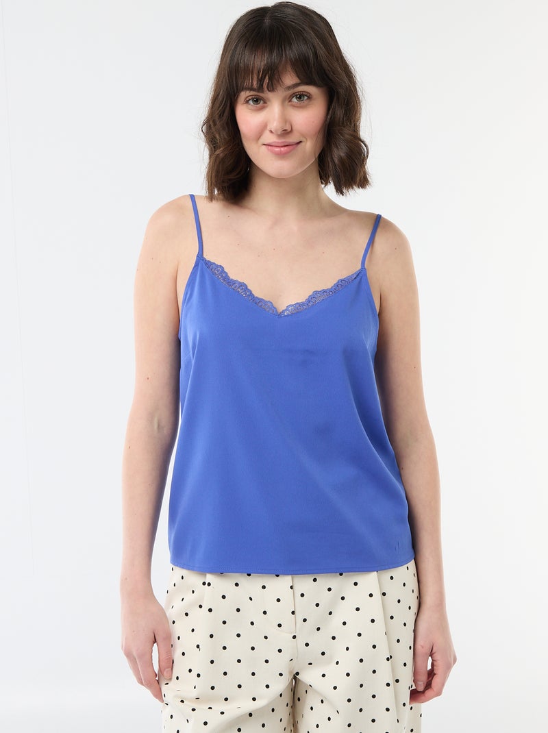 Débardeur avec fines bretelles réglables et col en dentelle Bleu - Kiabi