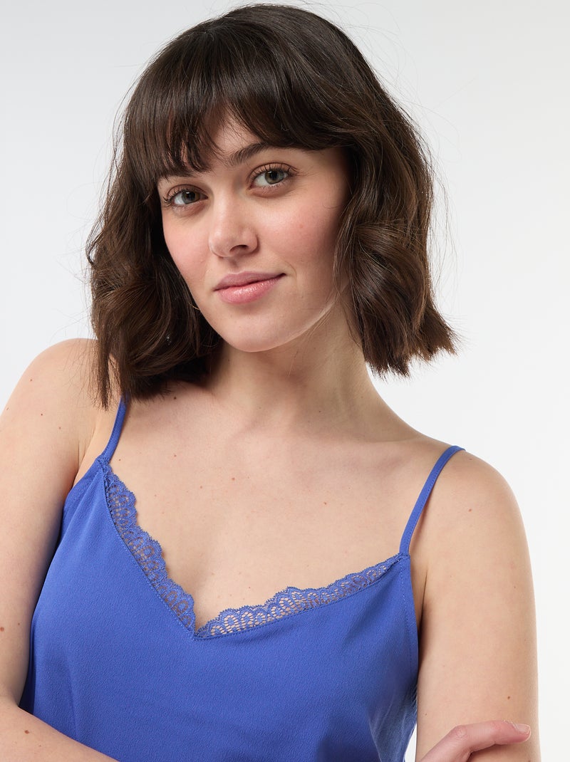 Débardeur avec fines bretelles réglables et col en dentelle Bleu - Kiabi