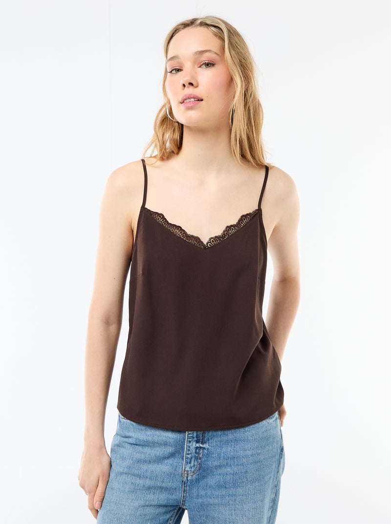 Débardeur avec fines bretelles réglables et col en dentelle Marron - Kiabi