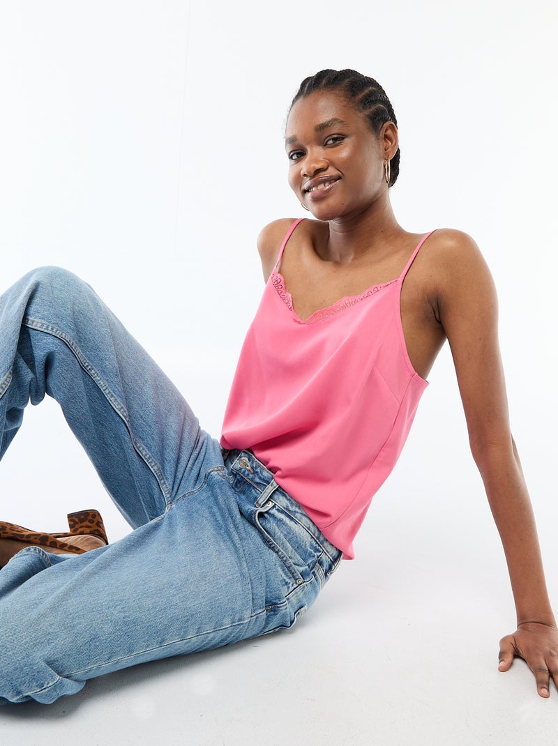 Débardeur avec fines bretelles réglables et col en dentelle Rose - Kiabi