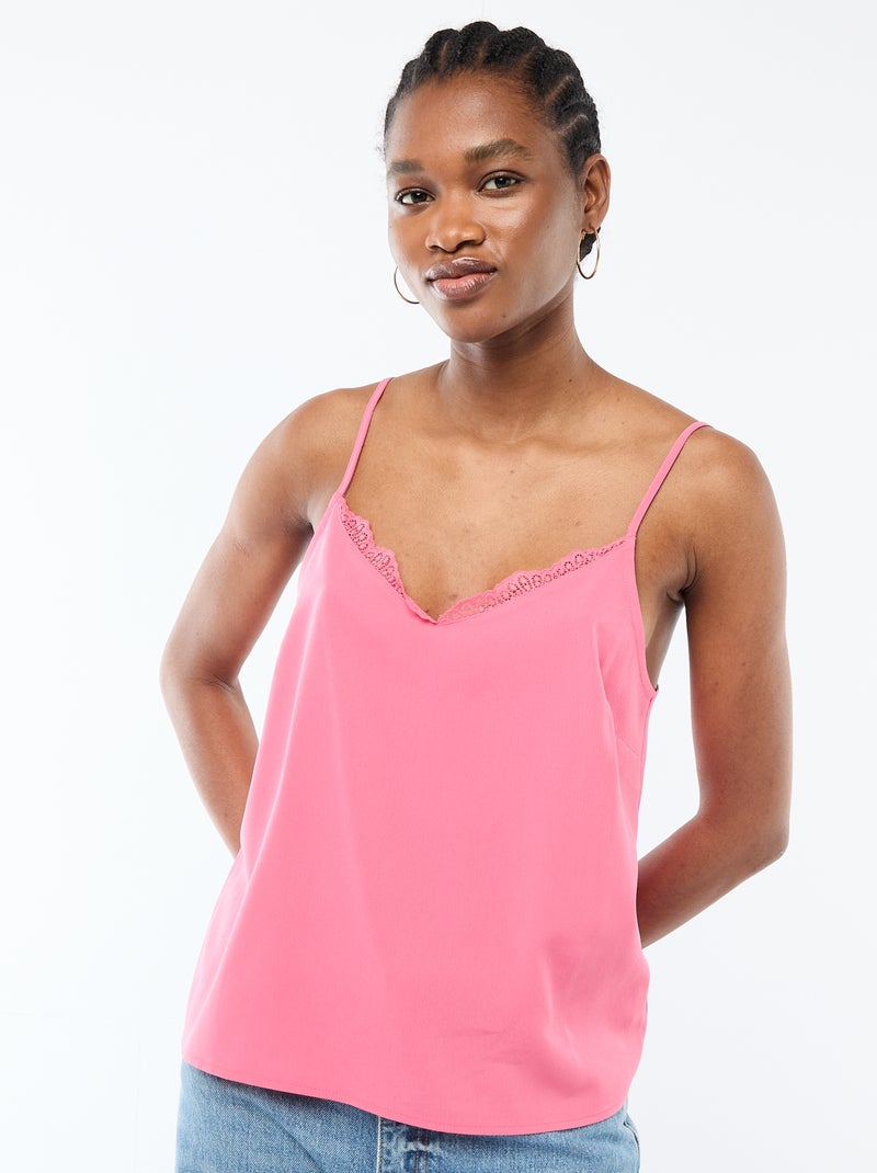 Débardeur avec fines bretelles réglables et col en dentelle Rose - Kiabi