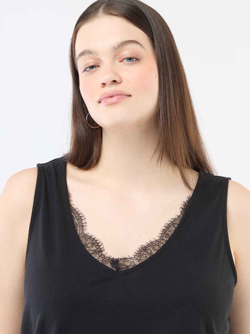 Débardeur col V avec dentelle Noir - Kiabi