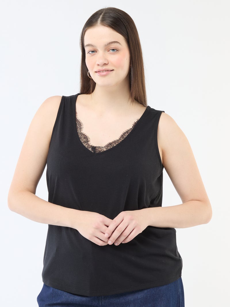 Débardeur col V avec dentelle Noir - Kiabi