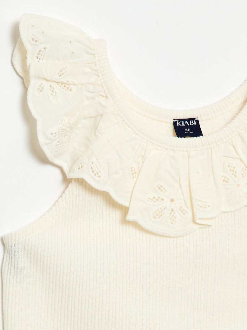 Débardeur côtelé avec col brodé Beige - Kiabi