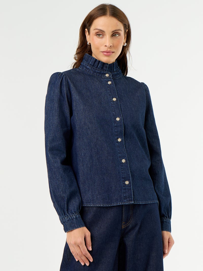 Denim Blouse with Ruffled Collar Blue - Kiabi
