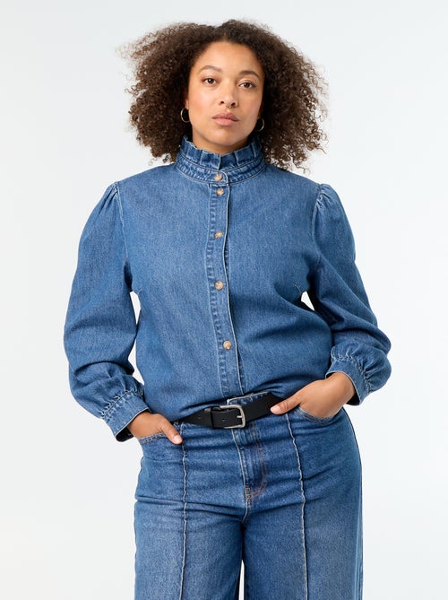 Denim blouse with ruffled stand-up collar - Kiabi