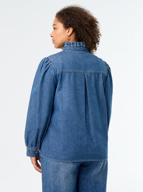 Denim blouse with ruffled stand-up collar - Kiabi