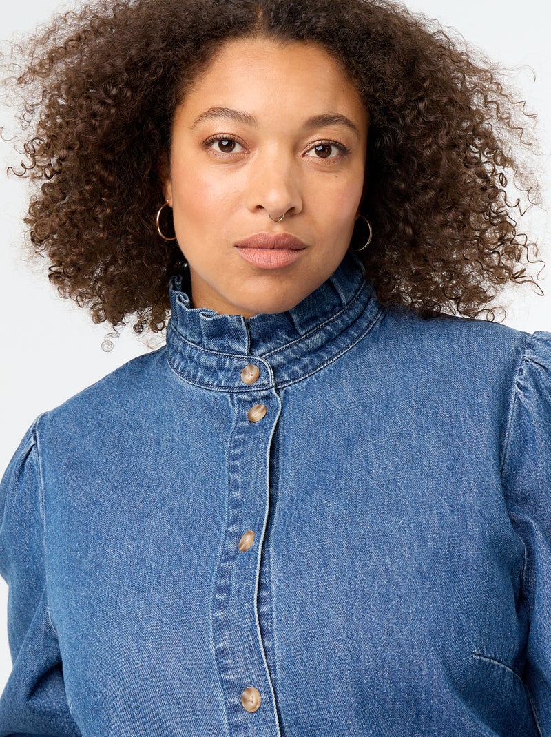 Denim blouse with ruffled stand-up collar Blue - Kiabi