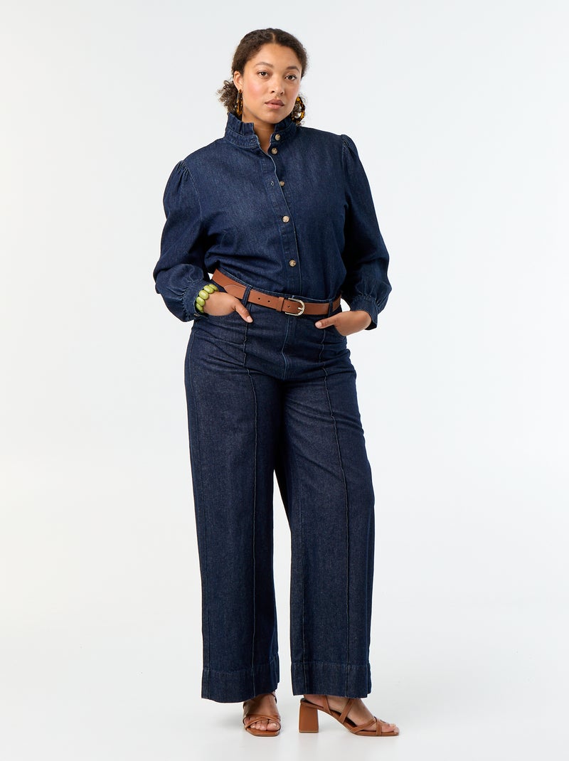 Denim blouse with ruffled stand-up collar Blue - Kiabi