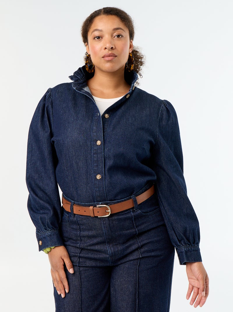 Denim blouse with ruffled stand-up collar Blue - Kiabi