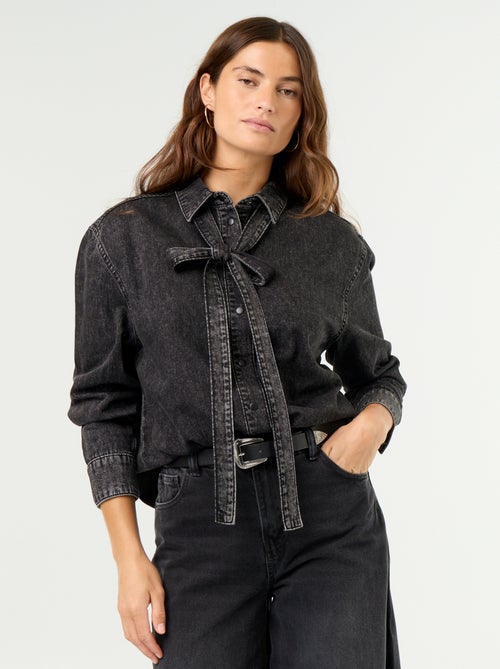 Denim Shirt with Pussy-Bow Collar - Kiabi Denim Shirt with Pussy-Bow Collar - Kiabi