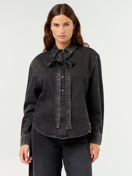 Denim Shirt with Pussy-Bow Collar - Kiabi Denim Shirt with Pussy-Bow Collar - Kiabi