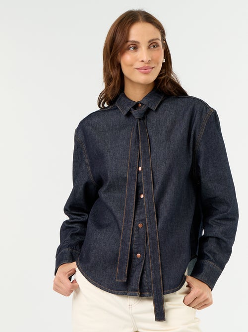 Denim Shirt with Pussy-Bow Collar - Kiabi Denim Shirt with Pussy-Bow Collar - Kiabi