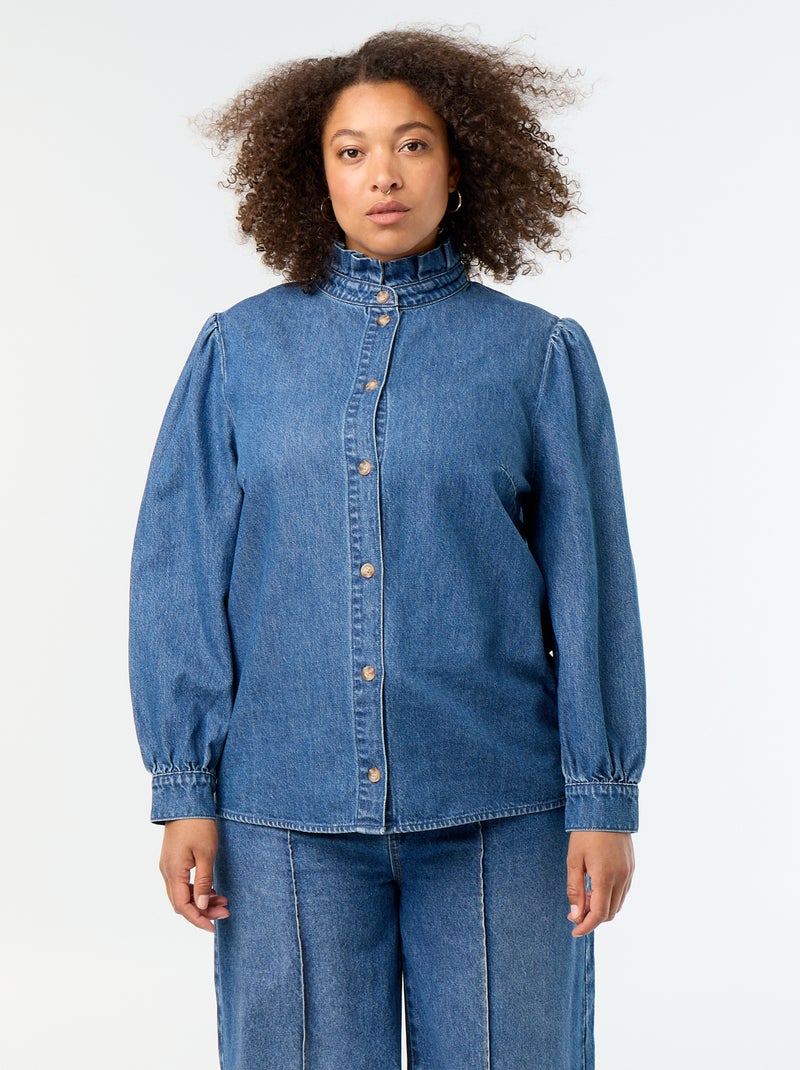 Denimbluse mit Rüschenstehkragen Bleu - Kiabi