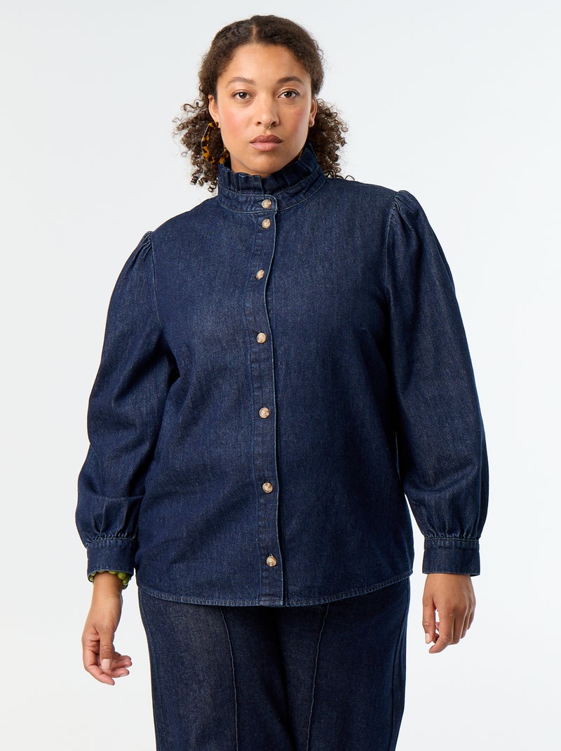 Denimbluse mit Rüschenstehkragen Bleu - Kiabi