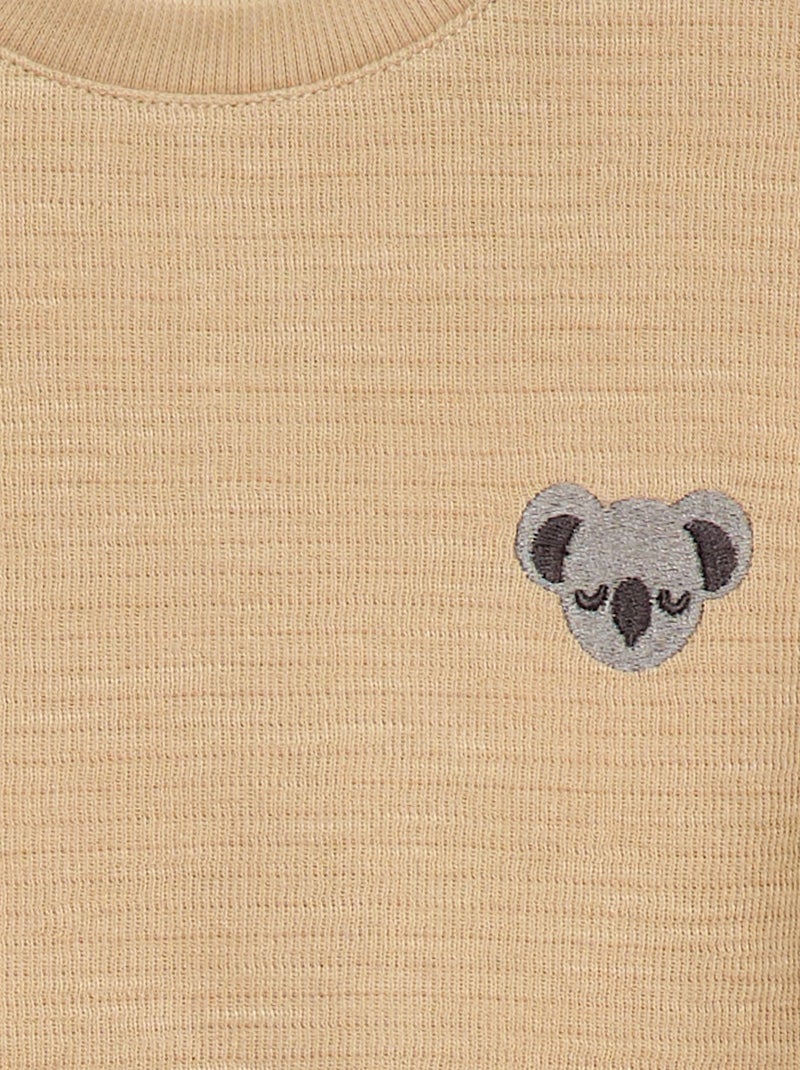 Dickes T-Shirt mit gesticktem Tier Beige - Kiabi