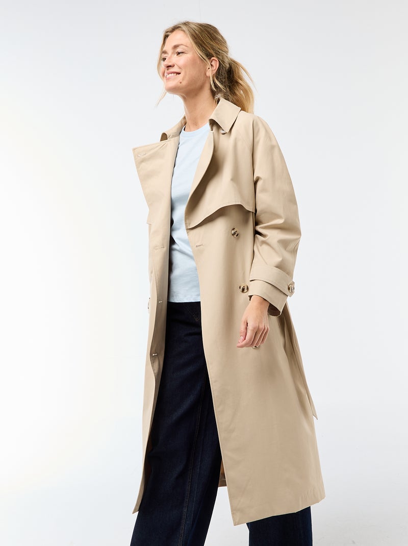 Double-Breasted Long Trench Coat Beige - Kiabi