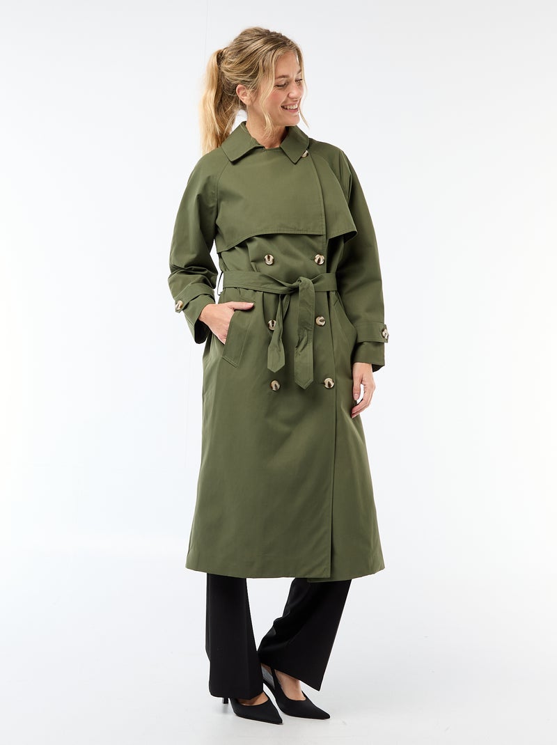 Double-Breasted Long Trench Coat Green - Kiabi