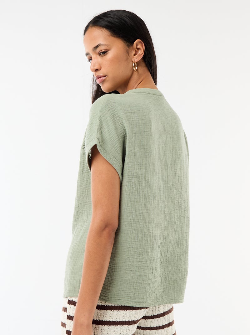 Double Gauze Cotton Blouse with Embroidery Blue - Kiabi