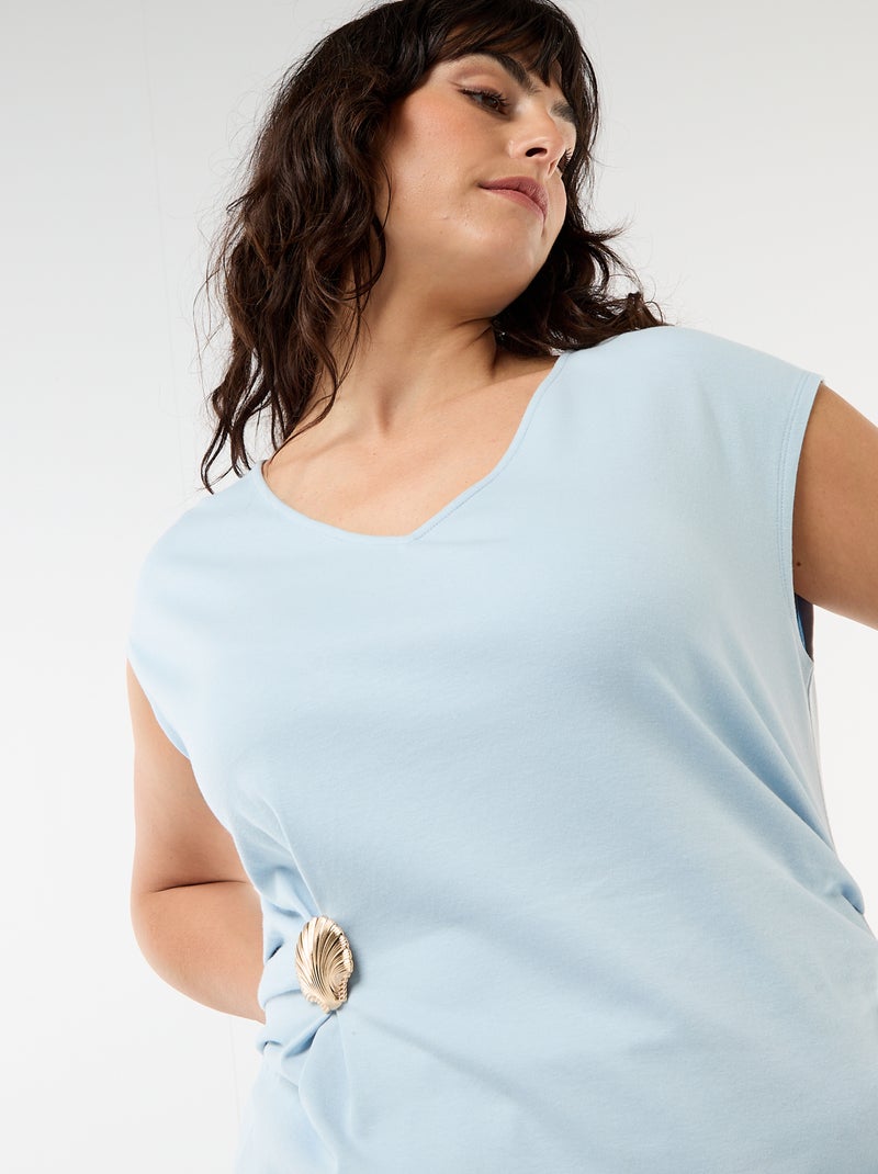 Draped T-shirt with Gold Brooch Detail Blue - Kiabi