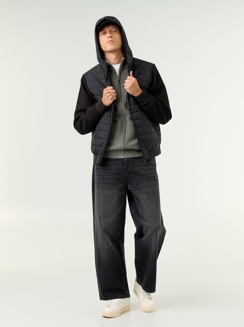 Dual-material hooded zip-up jacket Black - Kiabi